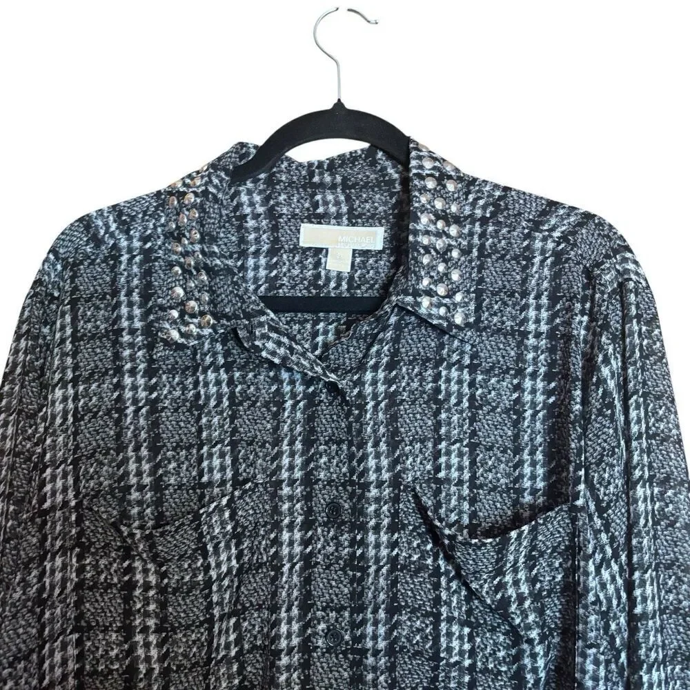 Michael Kors Top Women 2X Multicolor Houndstooth Button Up Shirt Collared Blouse - Picture 2 of 9